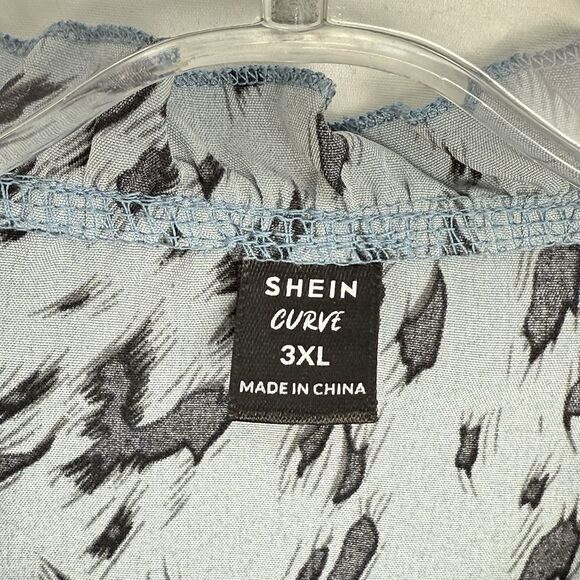 Womens Plus Size 3XL Allover Print Tie Neck Blouse Long Sleeves Dusty Blue - Picture 15 of 16